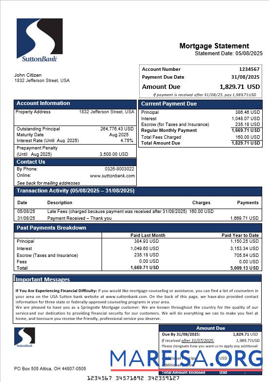 Blank USA Sutton bank mortgage statement in Word and PDF formats template